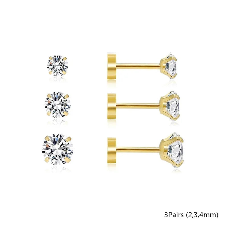 2/3/5/6/10 Pcs 20G Hypoallergenic Stud Earrings for Women Men, Stainless Steel Flatback Earring Cubic Zirconia Earring Piercings