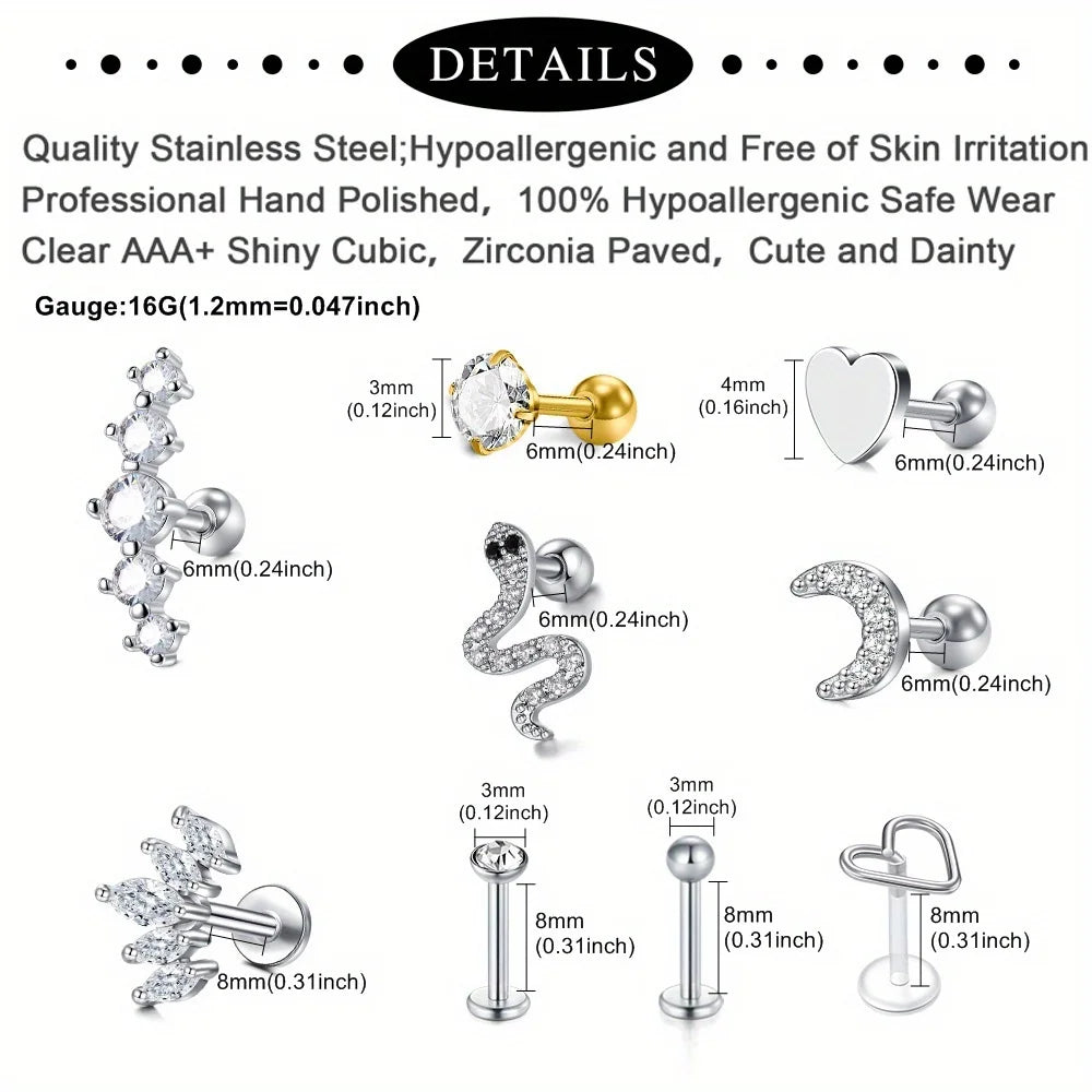 8Pcs 16G Stainless Steel Elegant And Delicate Cartilage Stud Earrings, Inlaid with Synthetic Zirconia Jewelry Pierced Ears