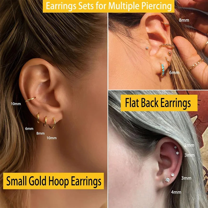2/3/5/6/10 Pcs 20G Hypoallergenic Stud Earrings for Women Men, Stainless Steel Flatback Earring Cubic Zirconia Earring Piercings