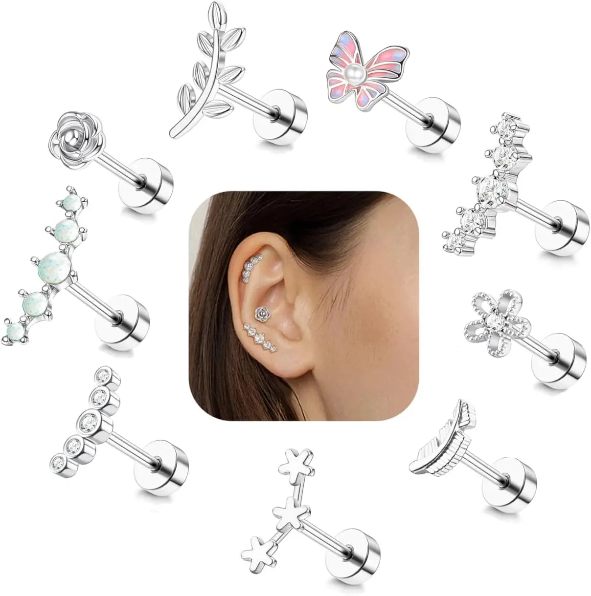 Drperfect Cartilage Earring Stainless Steel Helix for Women Opal CZ Stud Earrings Butterfly Flat Back Cartilage Piercing Jewelry