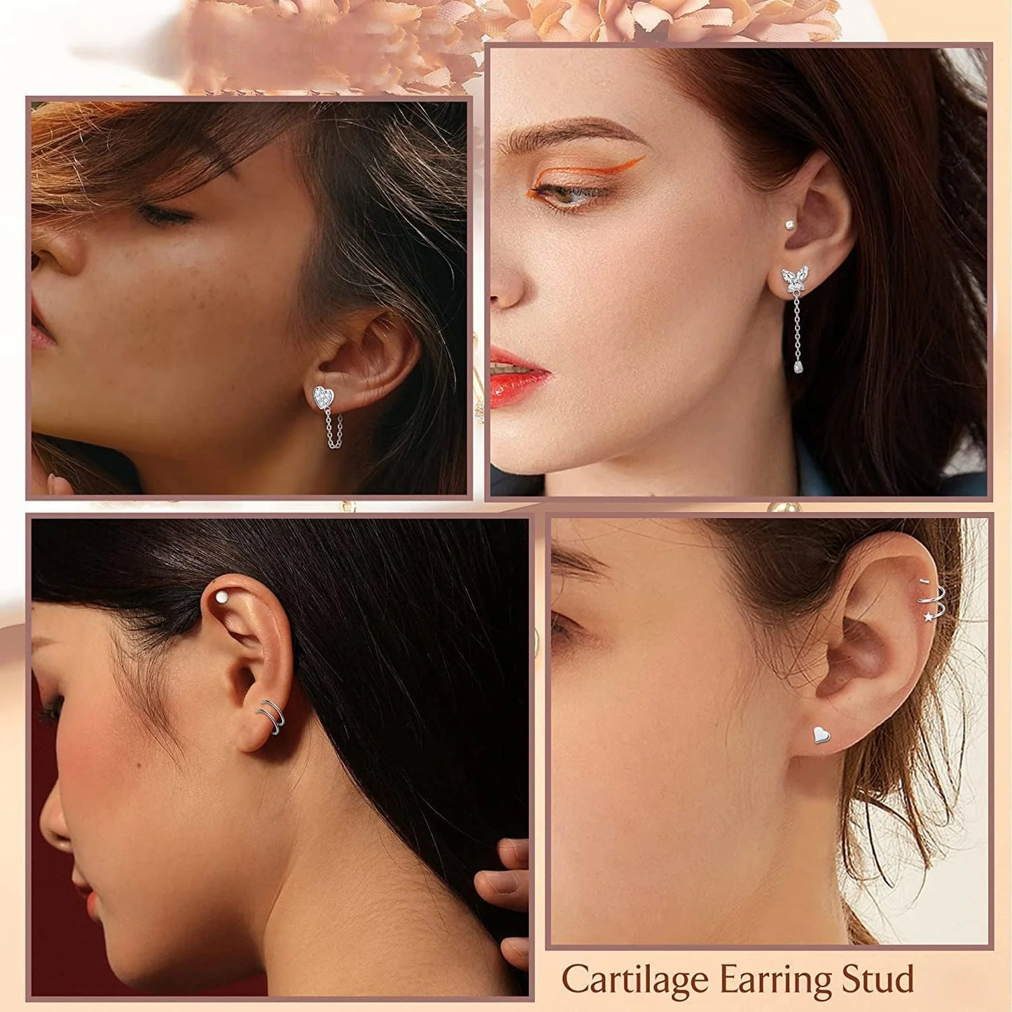 Drperfect Cartilage Earring Stud for Women Stainless Steel Cartilage Hoop Earring Heart Flower Chain Dangle CZ Piercing Jewelry