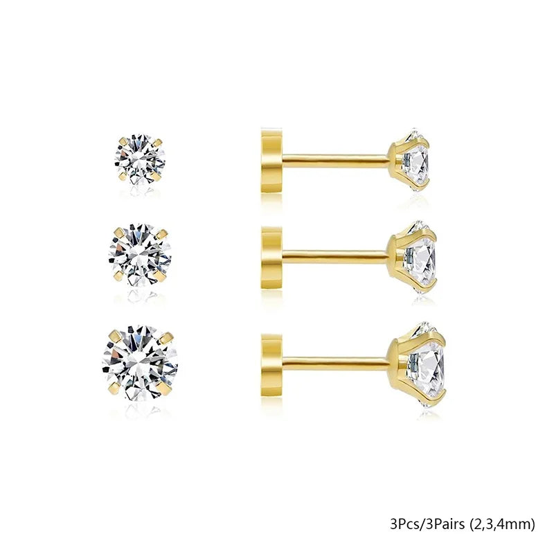 2/3/5/6/10 Pcs 20G Hypoallergenic Stud Earrings for Women Men, Stainless Steel Flatback Earring Cubic Zirconia Earring Piercings