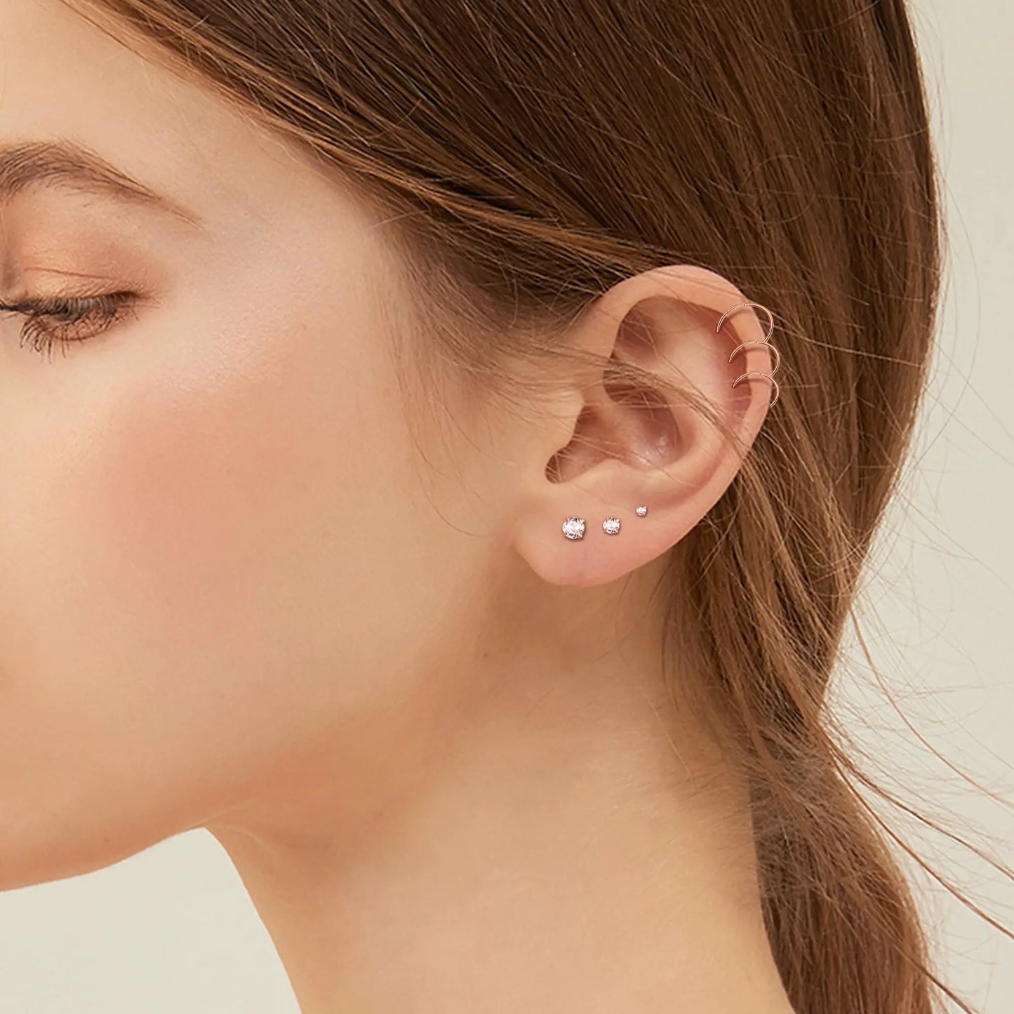 1/12 Pairs Rosegold Stainless Steel Tiny CZ Ball Flat Back Stud Earring Multiple Piercing Cartilage Hoop Earrings for Women and Men