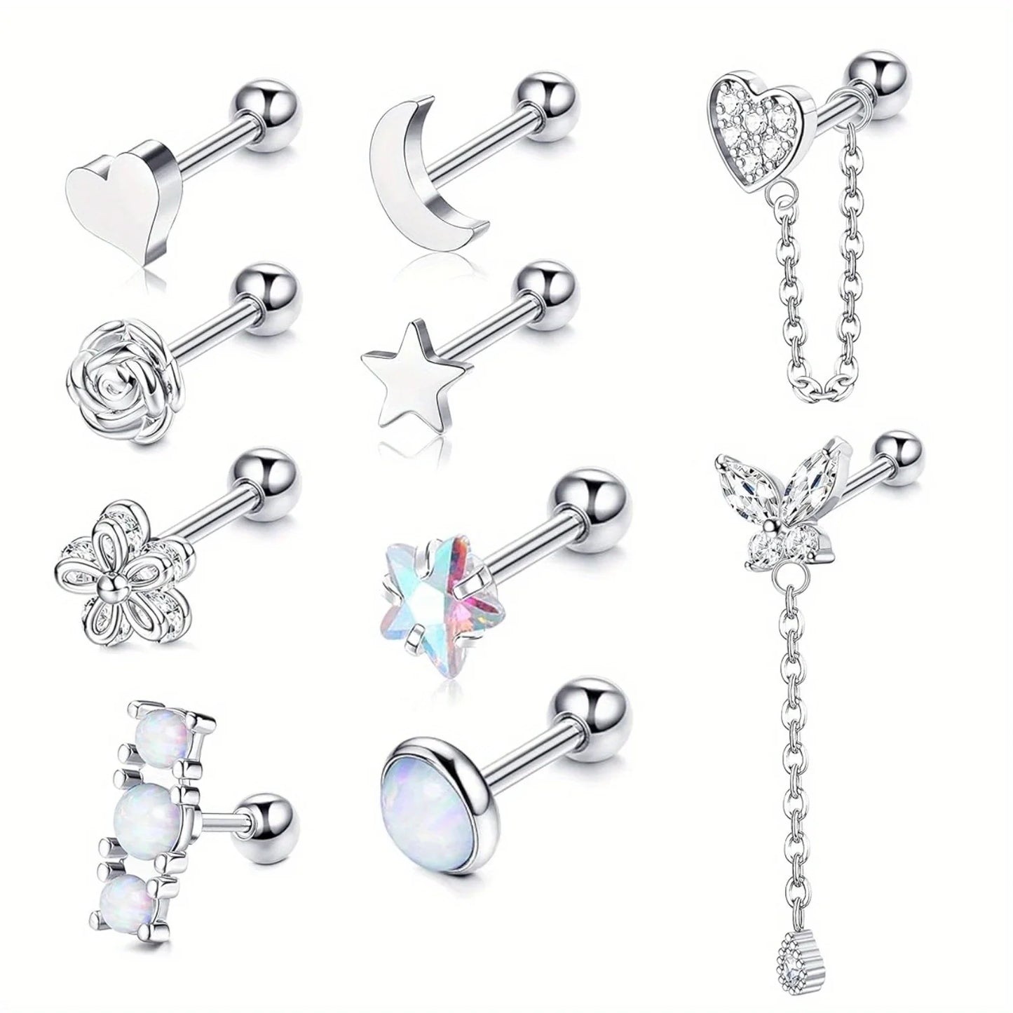 Drperfect Cartilage Earring Stud for Women Stainless Steel Cartilage Hoop Earring Heart Flower Chain Dangle CZ Piercing Jewelry