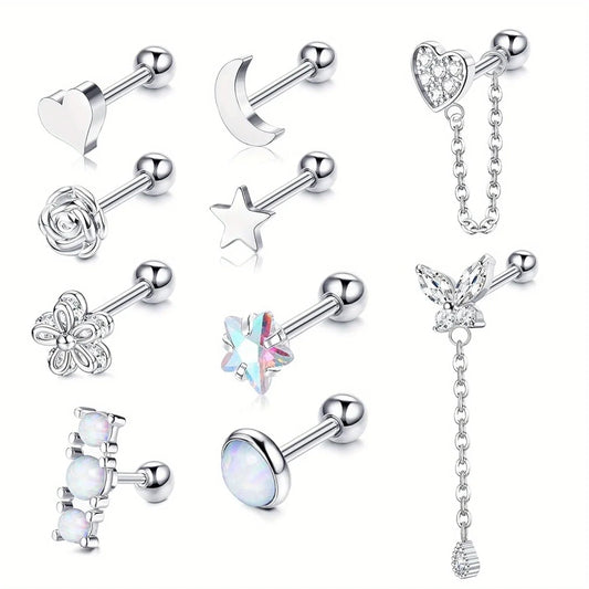 Drperfect Cartilage Earring Stud for Women Stainless Steel Cartilage Hoop Earring Heart Flower Chain Dangle CZ Piercing Jewelry