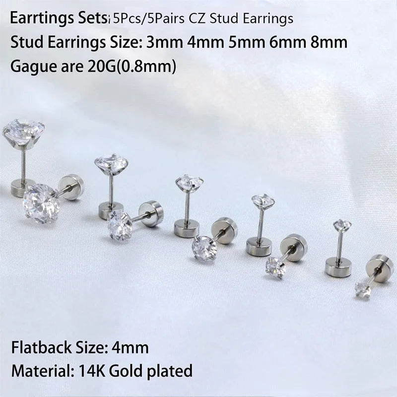 2/3/5/6/10 Pcs 20G Hypoallergenic Stud Earrings for Women Men, Stainless Steel Flatback Earring Cubic Zirconia Earring Piercings