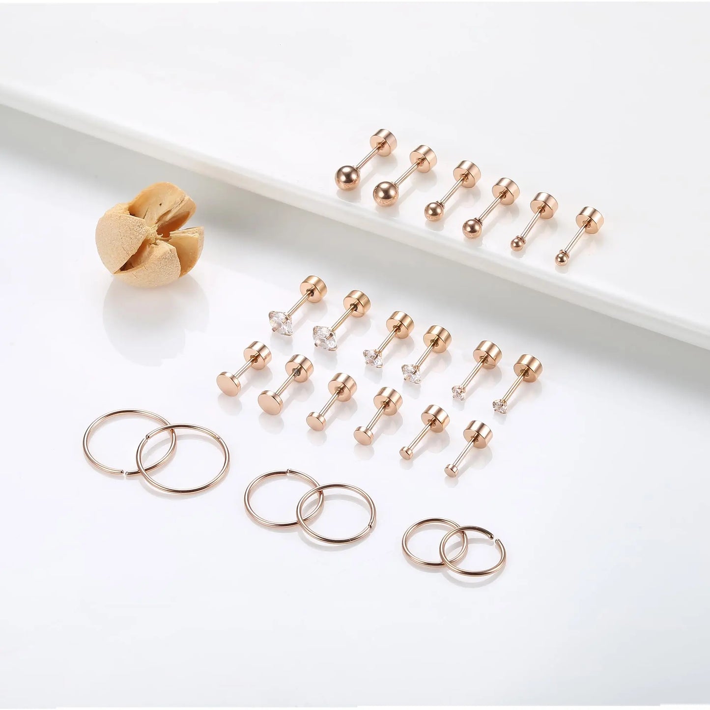 1/12 Pairs Rosegold Stainless Steel Tiny CZ Ball Flat Back Stud Earring Multiple Piercing Cartilage Hoop Earrings for Women and Men