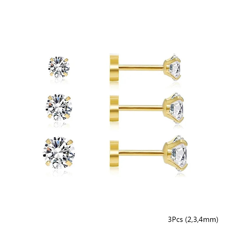 2/3/5/6/10 Pcs 20G Hypoallergenic Stud Earrings for Women Men, Stainless Steel Flatback Earring Cubic Zirconia Earring Piercings