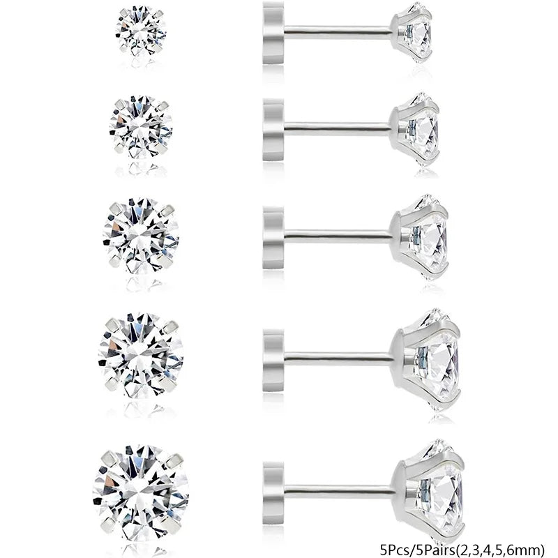2/3/5/6/10 Pcs 20G Hypoallergenic Stud Earrings for Women Men, Stainless Steel Flatback Earring Cubic Zirconia Earring Piercings