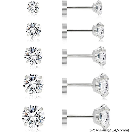 2/3/5/6/10 Pcs 20G Hypoallergenic Stud Earrings for Women Men, Stainless Steel Flatback Earring Cubic Zirconia Earring Piercings