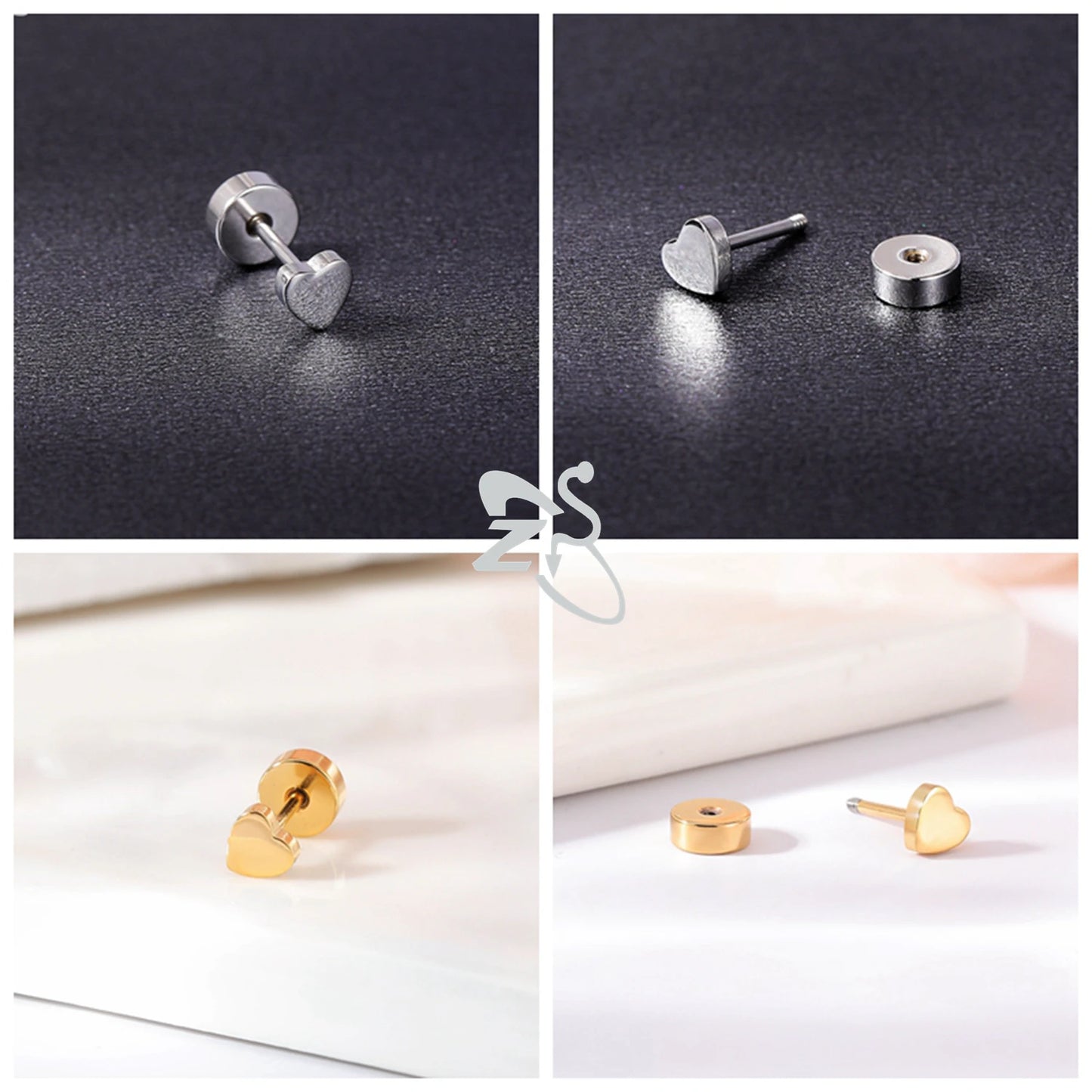 ZS 1 Pair Cute Heart Flower Stud Earring For Women Girls 20G Stainless Steel Flat Back Earrings Cartilage Helix Conch Piercings