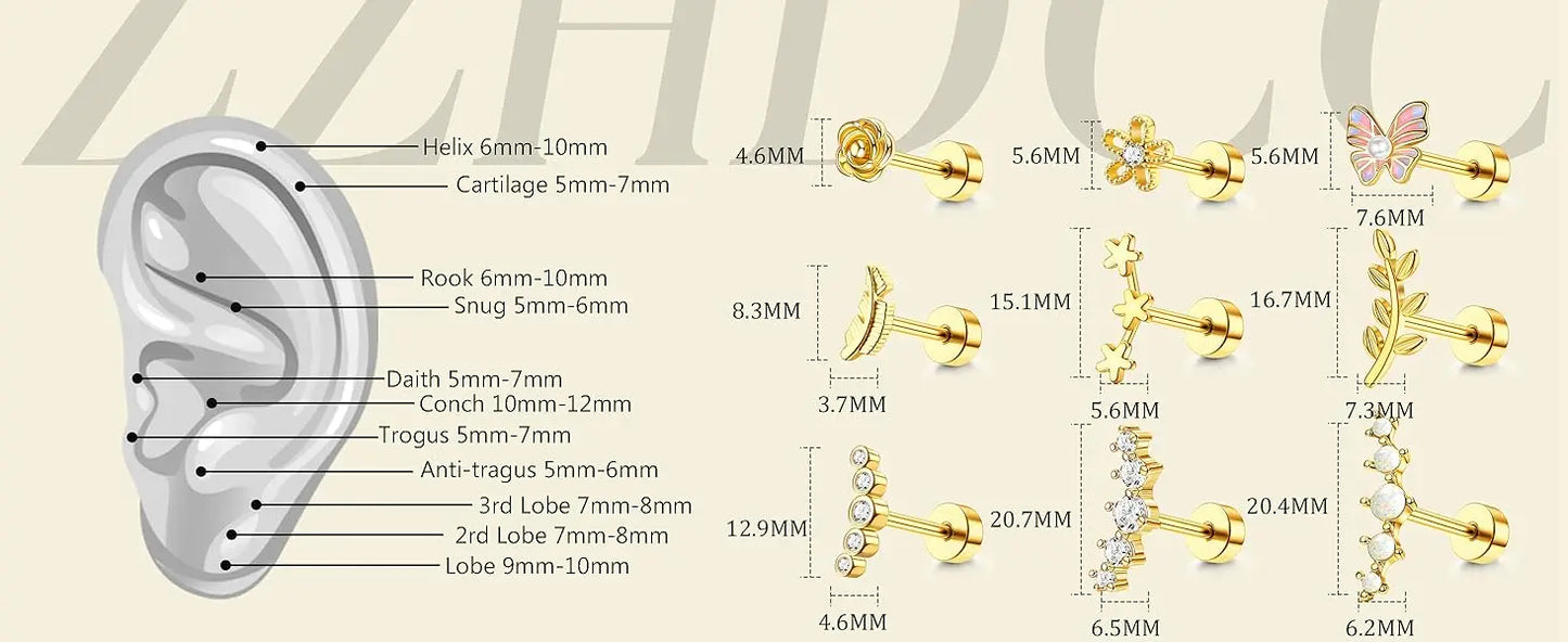 Drperfect Cartilage Earring Stainless Steel Helix for Women Opal CZ Stud Earrings Butterfly Flat Back Cartilage Piercing Jewelry