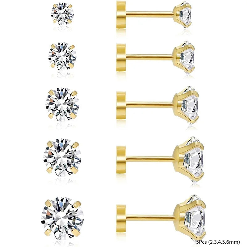 2/3/5/6/10 Pcs 20G Hypoallergenic Stud Earrings for Women Men, Stainless Steel Flatback Earring Cubic Zirconia Earring Piercings