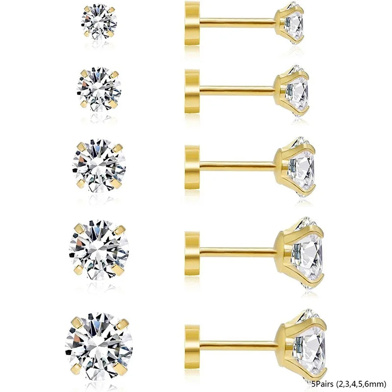 2/3/5/6/10 Pcs 20G Hypoallergenic Stud Earrings for Women Men, Stainless Steel Flatback Earring Cubic Zirconia Earring Piercings