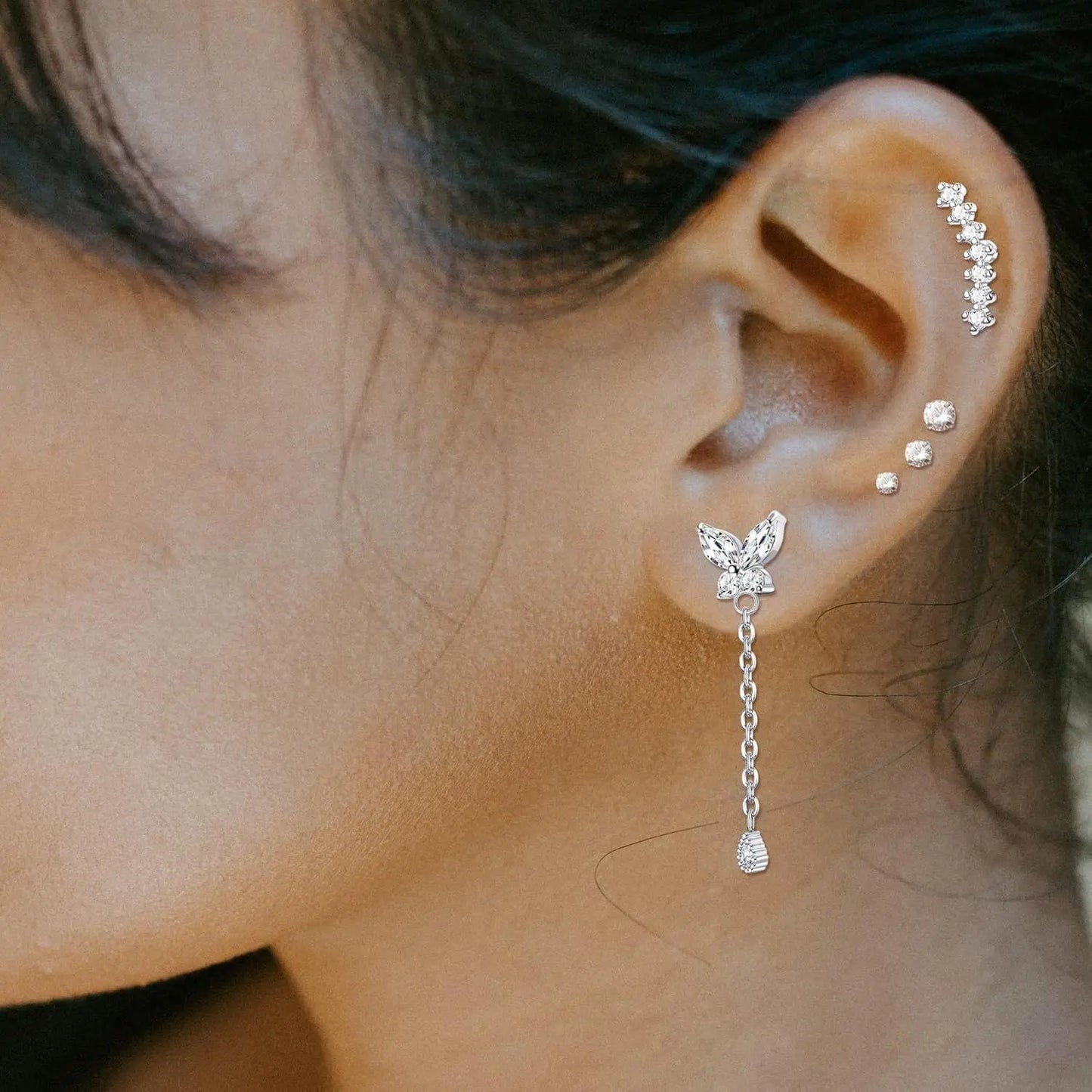 Drperfect Cartilage Earring Stud for Women Stainless Steel Cartilage Hoop Earring Heart Flower Chain Dangle CZ Piercing Jewelry