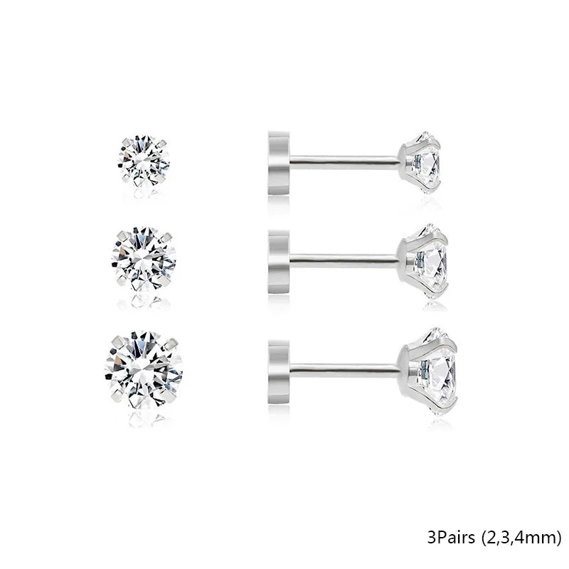 2/3/5/6/10 Pcs 20G Hypoallergenic Stud Earrings for Women Men, Stainless Steel Flatback Earring Cubic Zirconia Earring Piercings