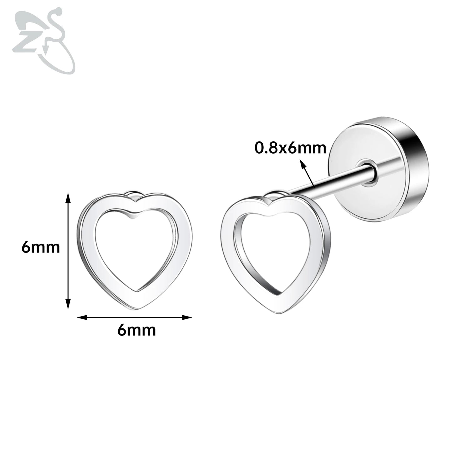 ZS 1 Pair Cute Heart Flower Stud Earring For Women Girls 20G Stainless Steel Flat Back Earrings Cartilage Helix Conch Piercings