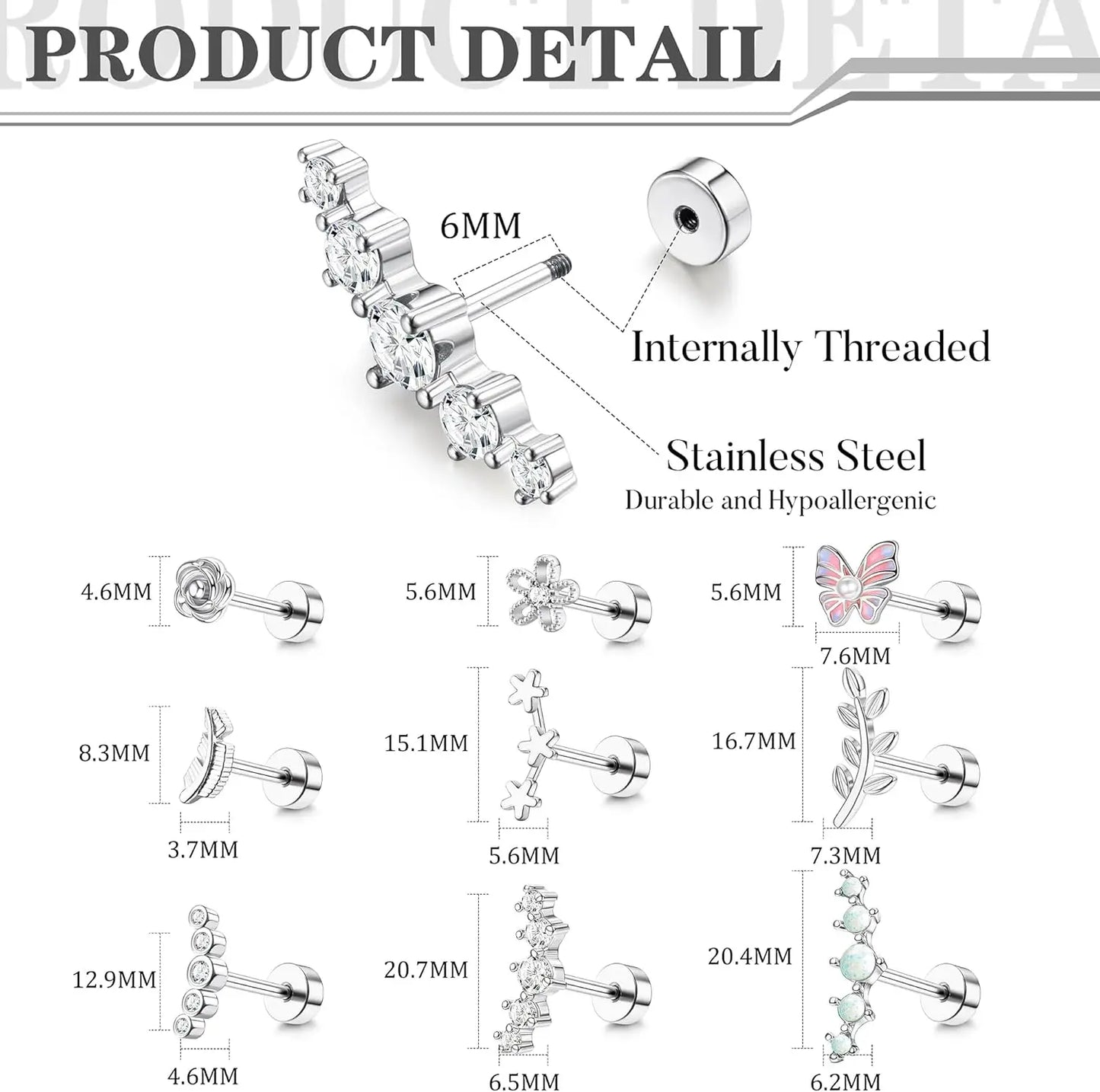 Drperfect Cartilage Earring Stainless Steel Helix for Women Opal CZ Stud Earrings Butterfly Flat Back Cartilage Piercing Jewelry