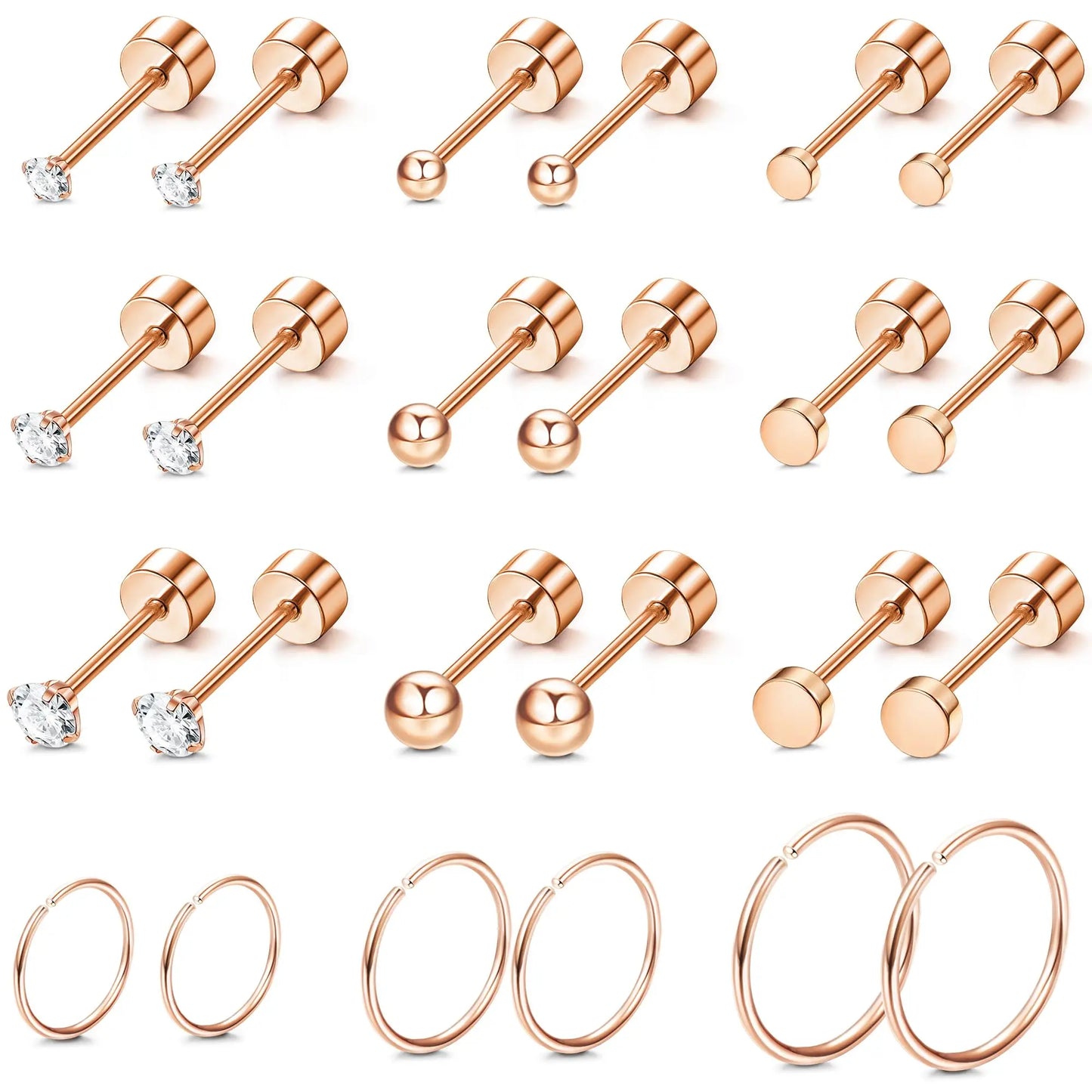 1/12 Pairs Rosegold Stainless Steel Tiny CZ Ball Flat Back Stud Earring Multiple Piercing Cartilage Hoop Earrings for Women and Men