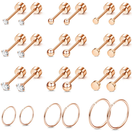 1/12 Pairs Rosegold Stainless Steel Tiny CZ Ball Flat Back Stud Earring Multiple Piercing Cartilage Hoop Earrings for Women and Men