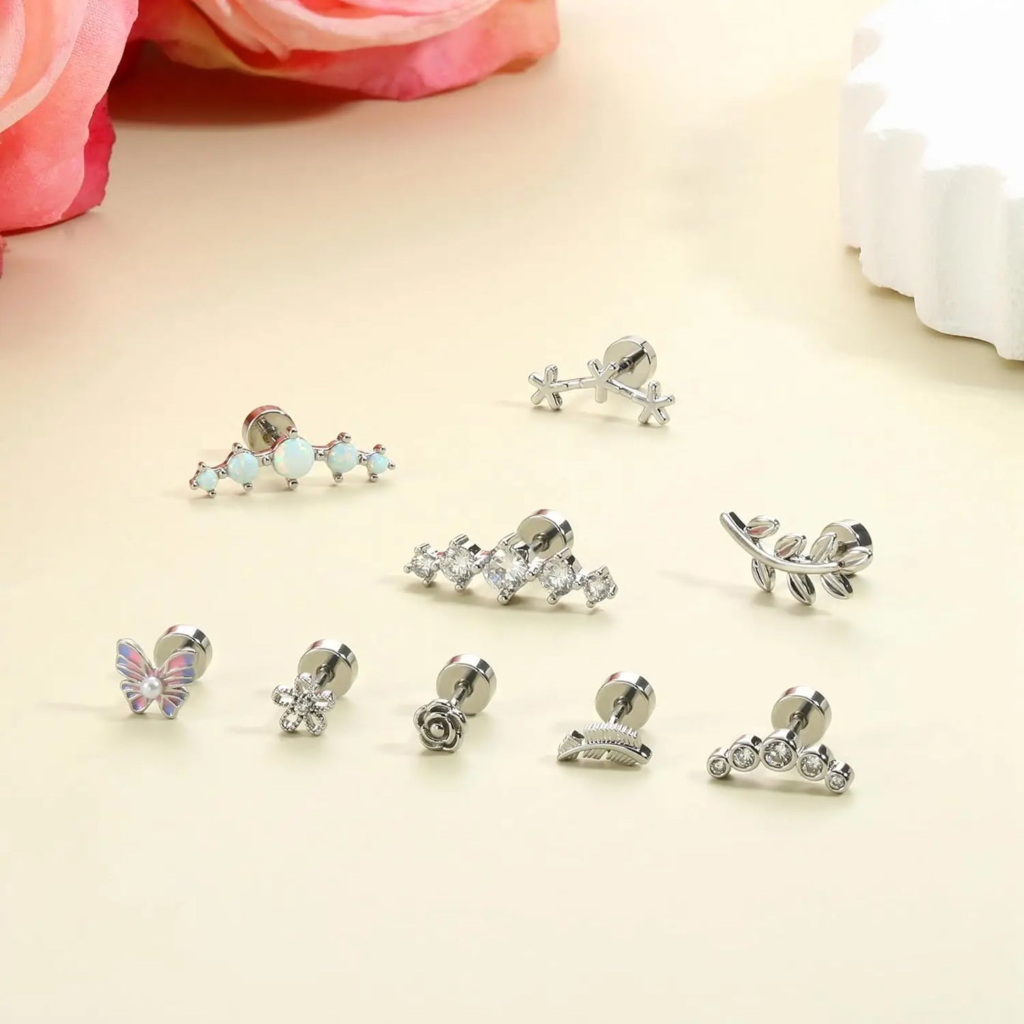Drperfect Cartilage Earring Stainless Steel Helix for Women Opal CZ Stud Earrings Butterfly Flat Back Cartilage Piercing Jewelry