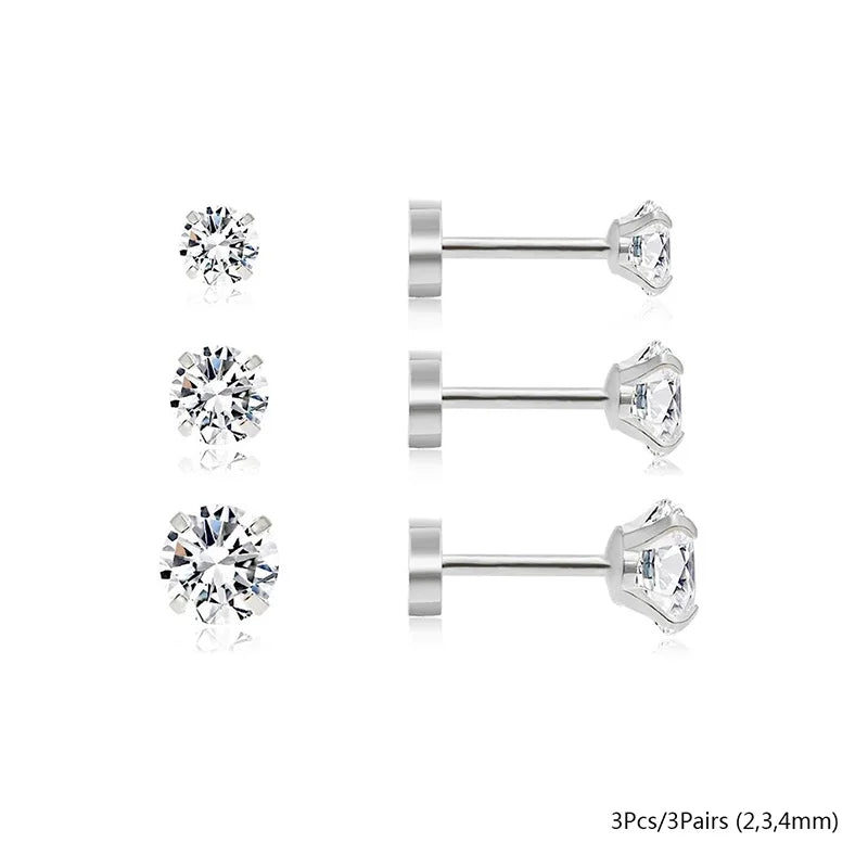 2/3/5/6/10 Pcs 20G Hypoallergenic Stud Earrings for Women Men, Stainless Steel Flatback Earring Cubic Zirconia Earring Piercings