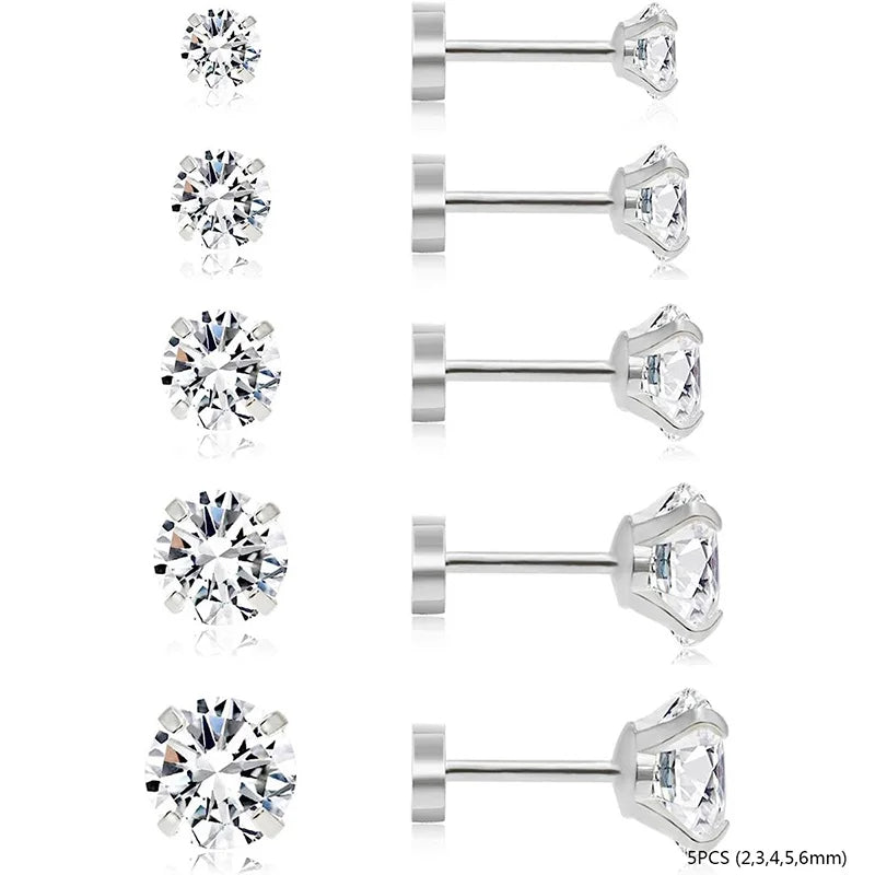 2/3/5/6/10 Pcs 20G Hypoallergenic Stud Earrings for Women Men, Stainless Steel Flatback Earring Cubic Zirconia Earring Piercings