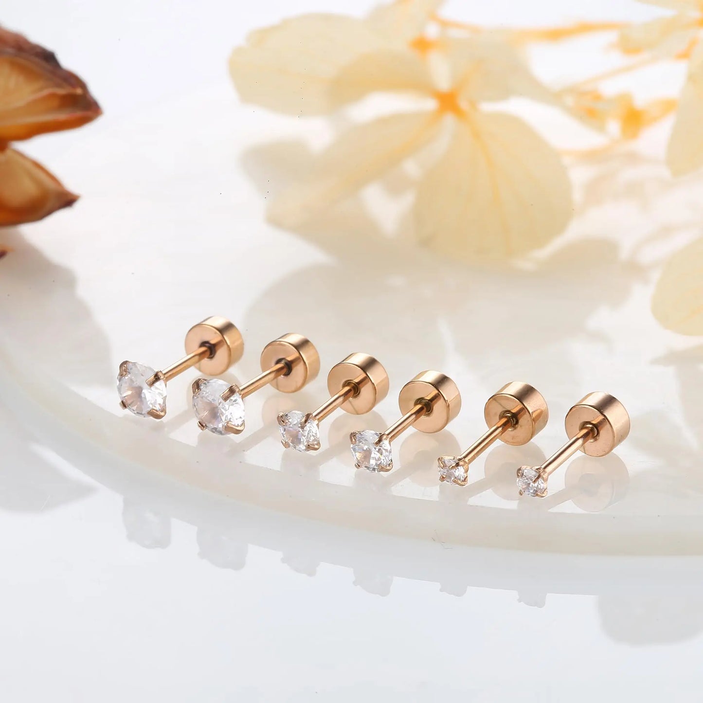 1/12 Pairs Rosegold Stainless Steel Tiny CZ Ball Flat Back Stud Earring Multiple Piercing Cartilage Hoop Earrings for Women and Men