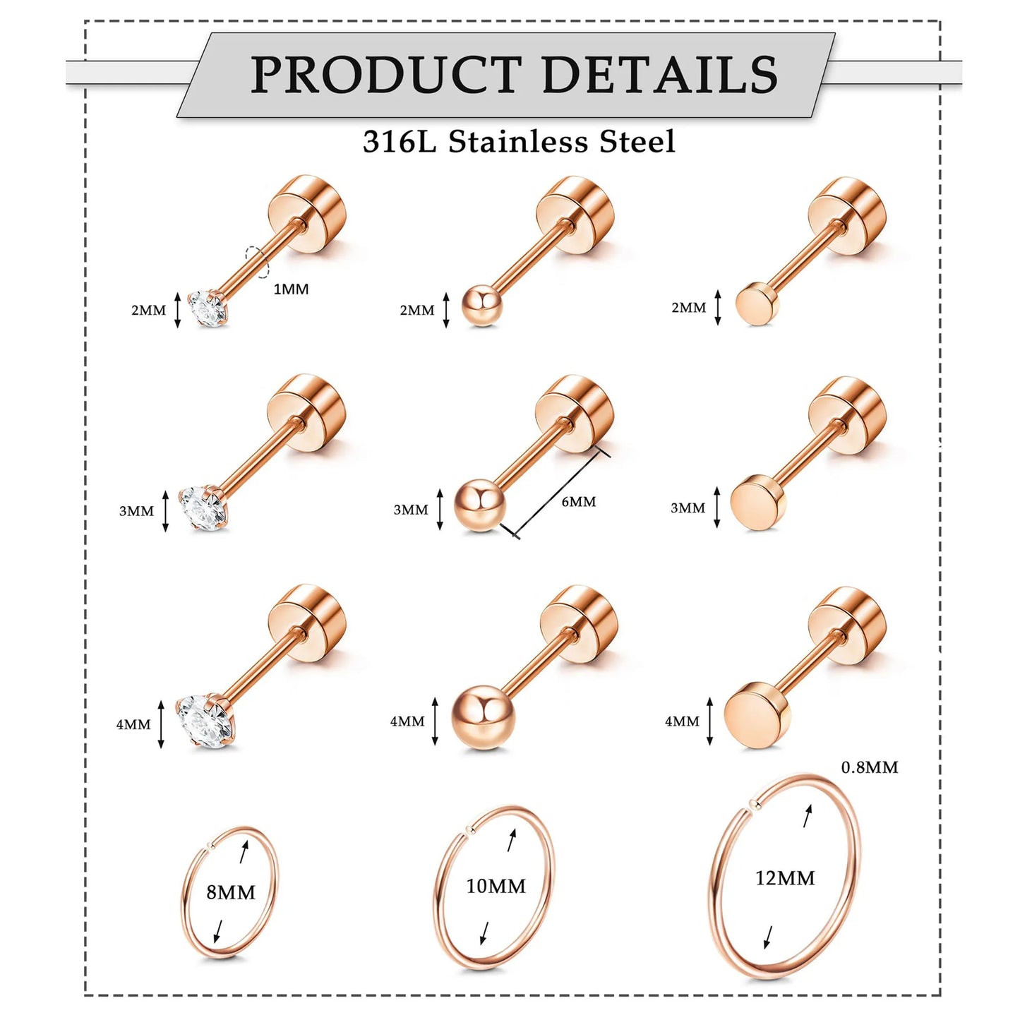 1/12 Pairs Rosegold Stainless Steel Tiny CZ Ball Flat Back Stud Earring Multiple Piercing Cartilage Hoop Earrings for Women and Men